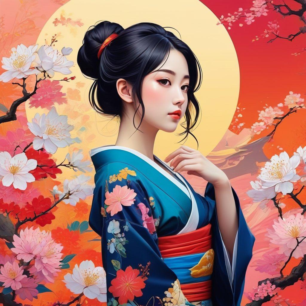 An intriguing collage of various styles of anime characters in sensual poses, set against a vivid, dreamlike background filled with swirling colors and abstract shapes. Elements of eroticism are subtly suggested with playful and artistic expressions, while maintaining an artistic and tasteful representation. Include hints of classic Japanese art influences to enhance the theme. vibrant colors. abstract art. high contrast.